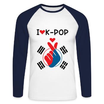 J’aime K-Pop doigt Drapeau - T-shirt baseball manches longues Homme - blanc/marine - Devant - Nik (191cm)