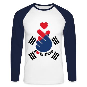 J’aime K-Pop coeur geste de la main Drapeau - T-shirt baseball manches longues Homme - blanc/marine - Devant - Nik (191cm)