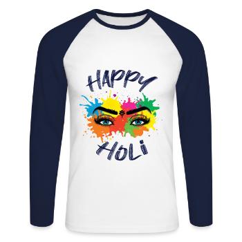 Happy Holi Festival Motif Oeil Coloré - T-shirt baseball manches longues Homme - blanc/marine - Devant - Nik (191cm)