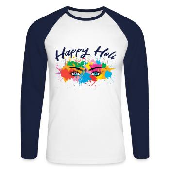 Happy Holi Festival Farbenfrohe Augen - Unisex Baseballshirt langarm - Weiß/Navy - Vorne - Nik (191cm)
