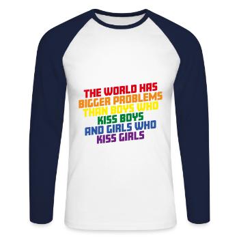 gay ou straight - funny gay shirt - LGBT - T-shirt baseball manches longues Homme - blanc/marine - Devant - Nik (191cm)