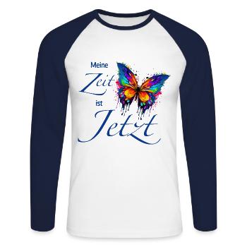 Schmetterling "Meine Zeit ist JETZT" - Achtsamkeit - Unisex Baseballshirt langarm - Weiß/Navy - Vorne - Nik (191cm)
