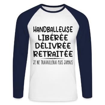 Handball player celebrates her retirement with humor cadea - Unisex Long Sleeve Baseball T-Shirt - white/navy - Front - Nik (191cm)