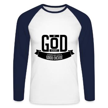 Athée Dieu a besoin d’excuses noires - T-shirt baseball manches longues Homme - blanc/marine - Devant - Nik (191cm)