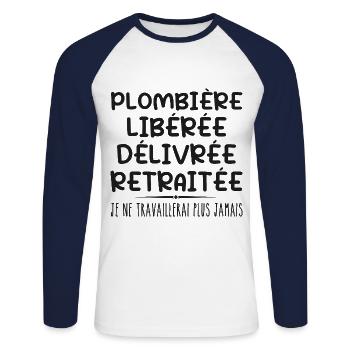 Plombière célèbre sa retraite avec humour cadeau - T-shirt baseball manches longues Homme - blanc/marine - Devant - Nik (191cm)