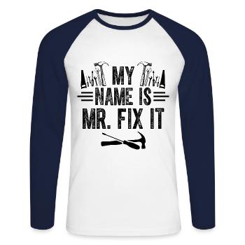 Monsieur réparez-le, L’artisan qui peut tout faire - T-shirt baseball manches longues Homme - blanc/marine - Devant - Nik (191cm)