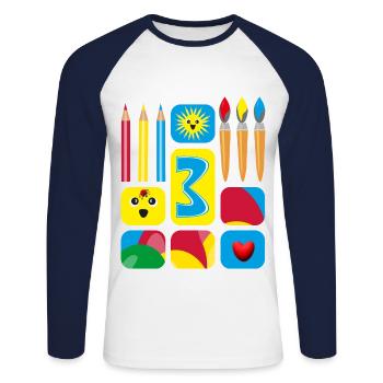 3 / Kindergeburtstags drei mit Herz und Sonne. - Unisex Baseballshirt langarm - Weiß/Navy - Vorne - Nik (191cm)