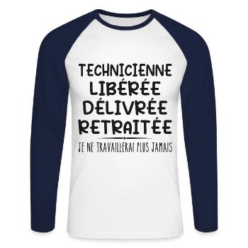 Technicienne célèbre sa retraite avec humour - T-shirt baseball manches longues Homme - blanc/marine - Devant - Nik (191cm)