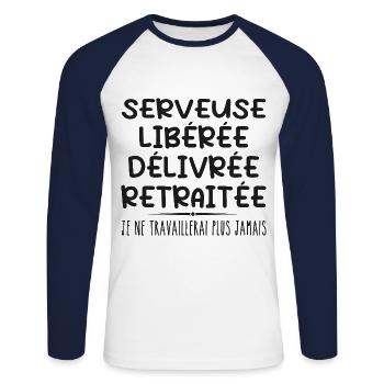 Kellnerin feiert ihren Ruhestand mit Humorgeschenk - Unisex Baseballshirt langarm - Weiß/Navy - Vorne - Nik (191cm)