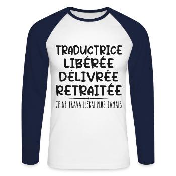 Traductrice célèbre sa retraite avec humour cadeau - T-shirt baseball manches longues Homme - blanc/marine - Devant - Nik (191cm)