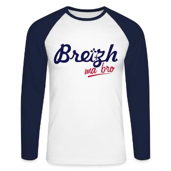 Breizh ma bro (2 couleurs) - T-shirt baseball manches longues Homme - blanc/marine - Devant - Nik (191cm)