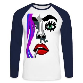 Visage modèle avec bouche rouge et yeux verts - T-shirt baseball manches longues Homme - blanc/marine - Devant - Nik (191cm)