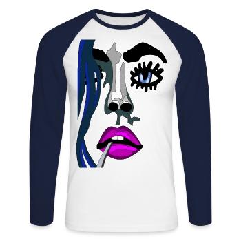 Face of a top model - pink mouth and blue eyes - Unisex Long Sleeve Baseball T-Shirt - white/navy - Front - Nik (191cm)