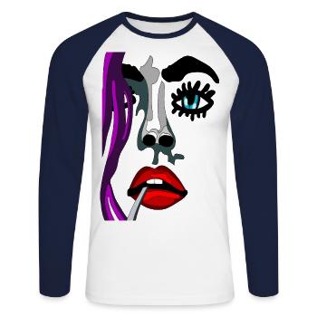Visage top model avec bouche rouge et yeux cyan - T-shirt baseball manches longues Homme - blanc/marine - Devant - Nik (191cm)