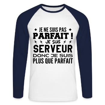 Un Serveur plus que parfaite, métier de rêve - T-shirt baseball manches longues Homme - blanc/marine - Devant - Nik (191cm)