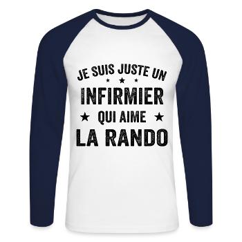 Fier d’être Infirmier et Passionné de Randonnée - T-shirt baseball manches longues Homme - blanc/marine - Devant - Nik (191cm)
