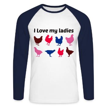 Hühnerliebhaber Geflügelzüchter Bauernhof Lustig - Unisex Baseballshirt langarm - Weiß/Navy - Vorne - Nik (191cm)
