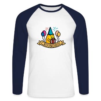 Ich wurde am GROUNDHOG Day geboren - lustiges Geburtstagsgeschenk - Unisex Baseballshirt langarm - Weiß/Navy - Vorne - Nik (191cm)