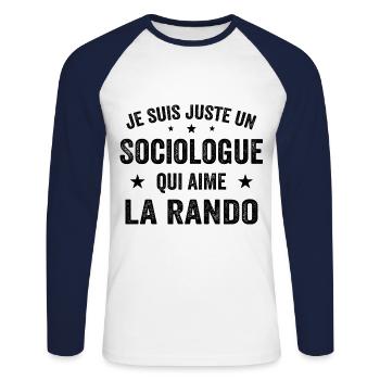 Fier d’être Sociologue et Passionné de Randonnée - T-shirt baseball manches longues Homme - blanc/marine - Devant - Nik (191cm)