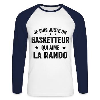 Fier d’être Basketteur et Passionné de Randonnée - T-shirt baseball manches longues Homme - blanc/marine - Devant - Nik (191cm)