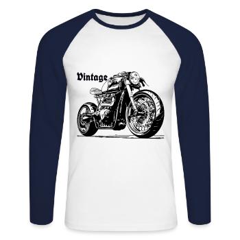 Moto vintage noir gris foncé moto - T-shirt baseball manches longues Homme - blanc/marine - Devant - Nik (191cm)