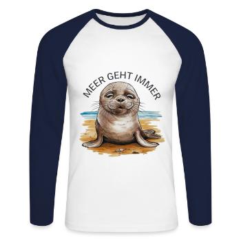 Meer geht immer - Unisex Baseballshirt langarm - Weiß/Navy - Vorne - Nik (191cm)