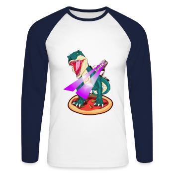 Dino on Pizza Cat rides TRex with laser eyes - Unisex Long Sleeve Baseball T-Shirt - white/navy - Front - Nik (191cm)