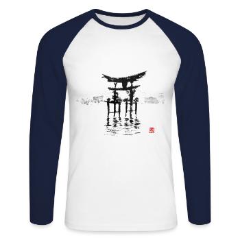 The torii of Itsukushima shrine in the mist - Unisex Long Sleeve Baseball T-Shirt - white/navy - Front - Nik (191cm)