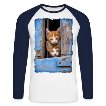 Curious kittens looking out a blue window - Unisex Long Sleeve Baseball T-Shirt - white/navy - Front - Nik (191cm)