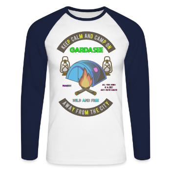 Keep Calm And Camp On Lake Garda - Unisex Long Sleeve Baseball T-Shirt - white/navy - Front - Nik (191cm)