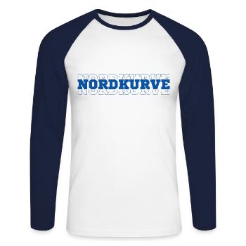 NORDKURVE - FANBLOCK - FUSSBALL - FUSSBALLFAN - Unisex Baseballshirt langarm - Weiß/Navy - Vorne - Nik (191cm)