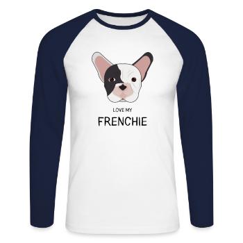 Dog Head French Bulldog Love my frenchie - Unisex Long Sleeve Baseball T-Shirt - white/navy - Front - Nik (191cm)