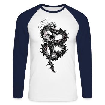 Drache - Unisex Baseballshirt langarm - Weiß/Navy - Vorne - Nik (191cm)