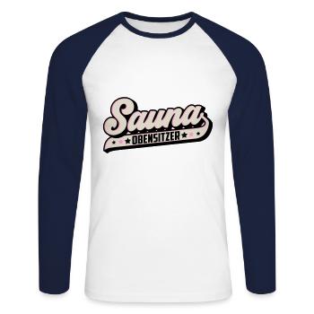 Farben änderbar | Sauna Obensitzer Saunameister - Unisex Baseballshirt langarm - Weiß/Navy - Vorne - Nik (191cm)