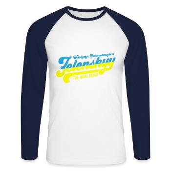 Zelenskyy | Le vrai héros ukrainien - T-shirt baseball manches longues Homme - blanc/marine - Devant - Nik (191cm)