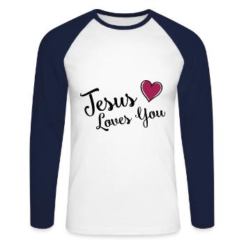jesus loves you heart - Unisex Long Sleeve Baseball T-Shirt - white/navy - Front - Nik (191cm)