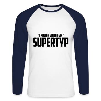 Endlich bin ich ein Supertyp | Farbe änderbar - Unisex Baseballshirt langarm - Weiß/Navy - Vorne - Nik (191cm)