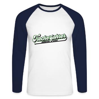Farben änderbar | Treckerfahrer dürfen das - Unisex Baseballshirt langarm - Weiß/Navy - Vorne - Nik (191cm)