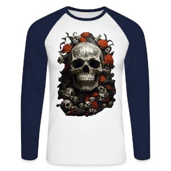 Dark Romance: Crânes et Roses - T-shirt baseball manches longues Homme - blanc/marine - Devant - Nik (191cm)