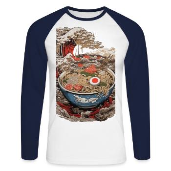 Japan Retro Ramen Ukiyo-e Tokyo Wave Art - Unisex Long Sleeve Baseball T-Shirt - white/navy - Front - Nik (191cm)