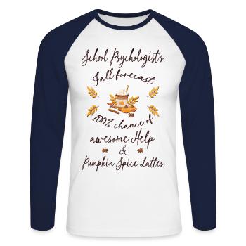 Psychologue scolaire, aide et lattes aux épices à la citrouille - T-shirt baseball manches longues Homme - blanc/marine - Devant - Nik (191cm)