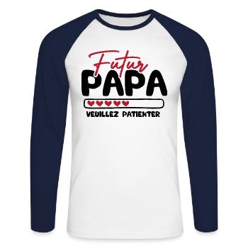 Futur papa veuillez patienter - T-shirt baseball manches longues Homme - blanc/marine - Devant - Nik (191cm)