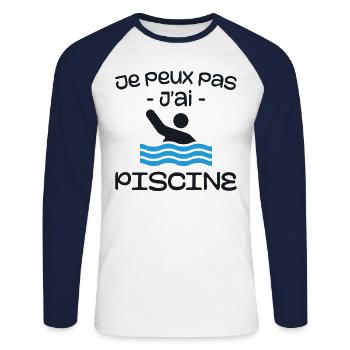 Ich kann kein Schwimmbad haben - Unisex Baseballshirt langarm - Weiß/Navy - Vorne - Nik (191cm)