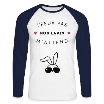 J'peux pas mon lapin - T-shirt baseball manches longues Homme - blanc/marine - Devant - Nik (191cm)