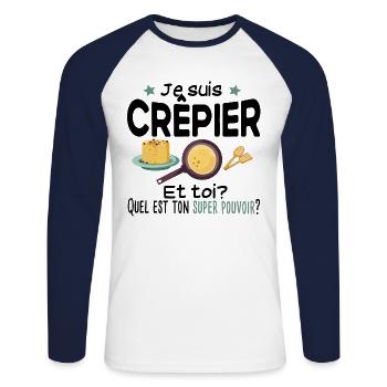 Crêpier Crêpe Super Pouvoirs Cadeau Humour Gaufre - T-shirt baseball manches longues Homme - blanc/marine - Devant - Nik (191cm)