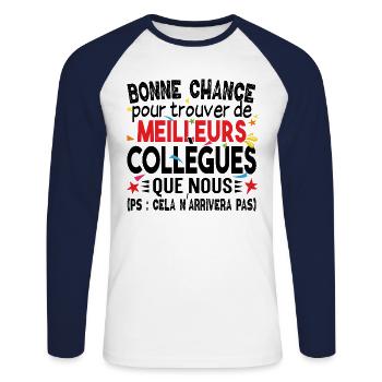 Bonne chance Collègue Cadeau Retraite Retraité - T-shirt baseball manches longues Homme - blanc/marine - Devant - Nik (191cm)