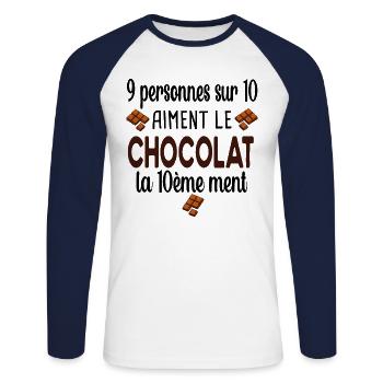 Chocolat Cadeau Humour Gourmand Régime Femme - T-shirt baseball manches longues Homme - blanc/marine - Devant - Nik (191cm)