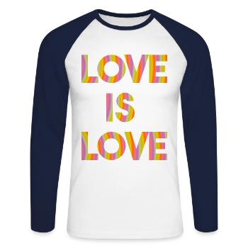 Love is love Pride LGBT Geschenkidee Regenbogen - Unisex Baseballshirt langarm - Weiß/Navy - Vorne - Nik (191cm)