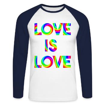 Love is love LGBTQ Geschenkidee Regenbogen bunt - Unisex Baseballshirt langarm - Weiß/Navy - Vorne - Nik (191cm)