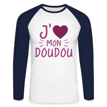 J'aime Mon Doudou Femme Amour Doudou Cadeau - T-shirt baseball manches longues Homme - blanc/marine - Devant - Nik (191cm)